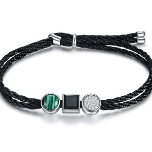 Adjustable bracelet, Rhodium plated, Malachite/Black Crystal/Cubic Zirconia